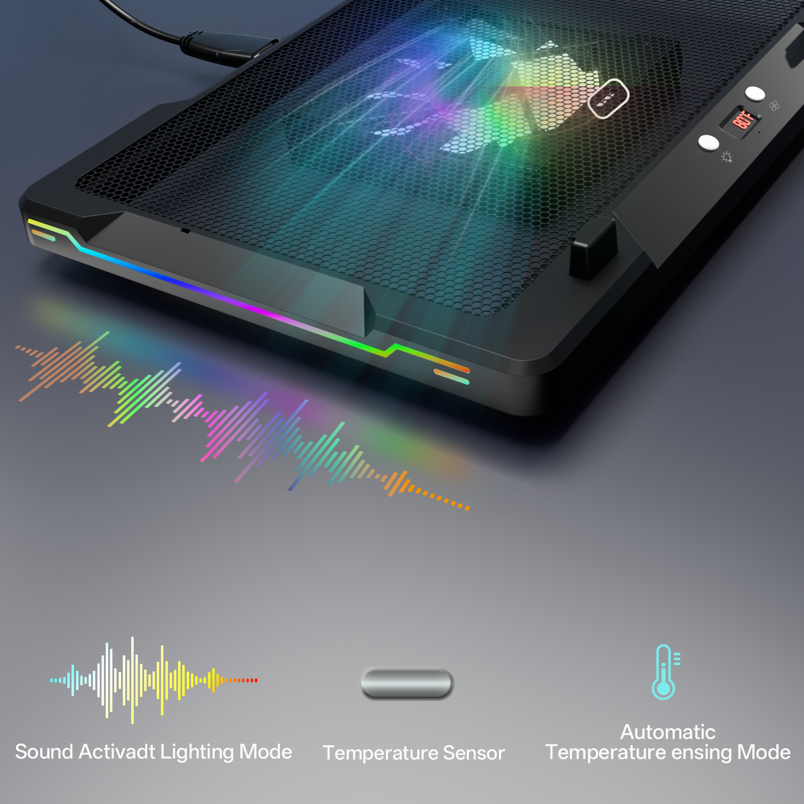 DEPGI Movable RGB Laptop Cooler with 5.5" Sliding Fan, Ergonomic Cooling Stand with 8 Light Modes for 14-17.3 Inch Gaming Laptops