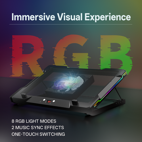 DEPGI Movable RGB Laptop Cooler with 5.5" Sliding Fan, Ergonomic Cooling Stand with 8 Light Modes for 14-17.3 Inch Gaming Laptops