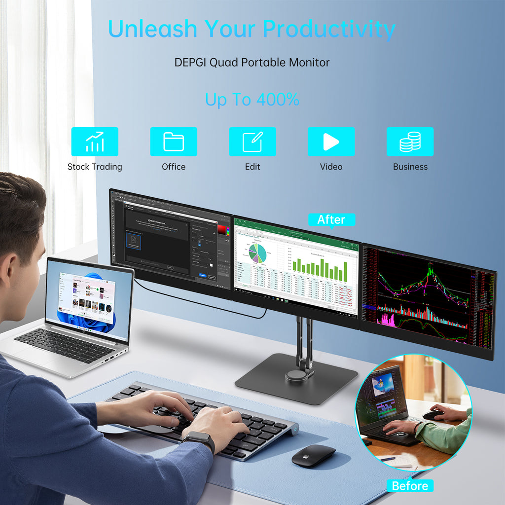 DEPGI 14" Triple Laptop Screen Extender, Freestanding Laptop Screen Extender, 3x14 FHD IPS Extended Monitor Versatile Dual &amp; Triple Screen Modes for All 13-17" Laptops (Mac/Windows/M1-M3 Compatible)